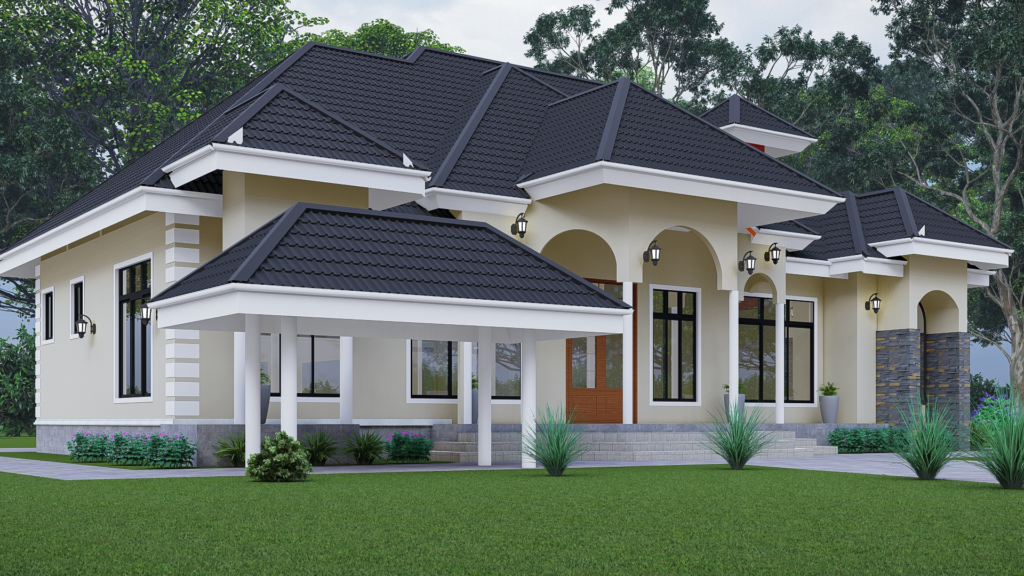 Four bedroom house with two sitting rooms Modern house plan has one master bedroom, 3self bedroom public washroom one main lounge and min lounge kitchen, dinning store classic veranda at entrance size 16.4*15 meters Recommended plot to build 20*25 meters